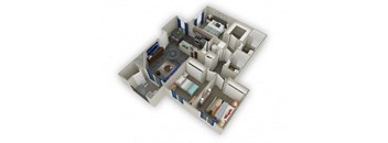 A 3D floor plan of a small apartment with a kitchen, living room, bedroom, and bathroom.