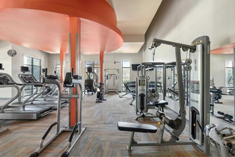 A gym with weight machines.