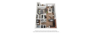 A 3D floor plan of a small apartment with a kitchen, living room, and bedroom.