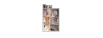 A floor plan of a small apartment with a kitchen, living room, and bathroom.