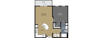 A floor plan of a house with a living room, dining room, kitchen, and bathrooms.