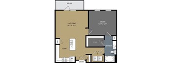 A floor plan of a house with a living room, dining room, kitchen, and bathrooms.