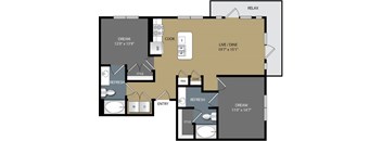 A floor plan of a house with a living room, dining room, kitchen, and two bedrooms.