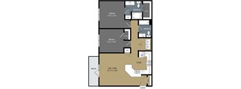 A floor plan of a two-bedroom apartment with a living room, kitchen, and two bedrooms.