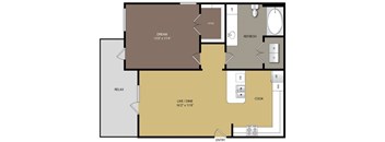 A floor plan of a house with a living room, dining room, kitchen, and bathroom.