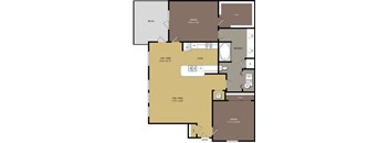 A floor plan of a house with a living room, dining room, kitchen, and bathrooms.