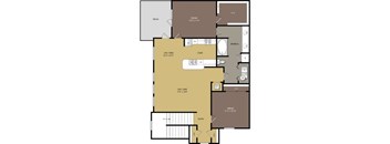 A floor plan of a house with a living room, dining room, kitchen, and bathrooms.