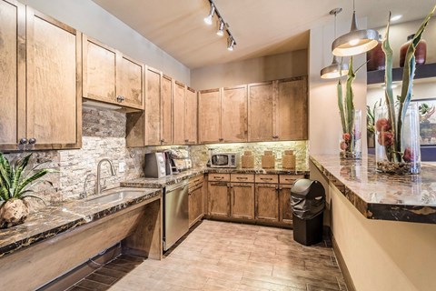 A kitchen with wooden cabinets and a marble countertop.