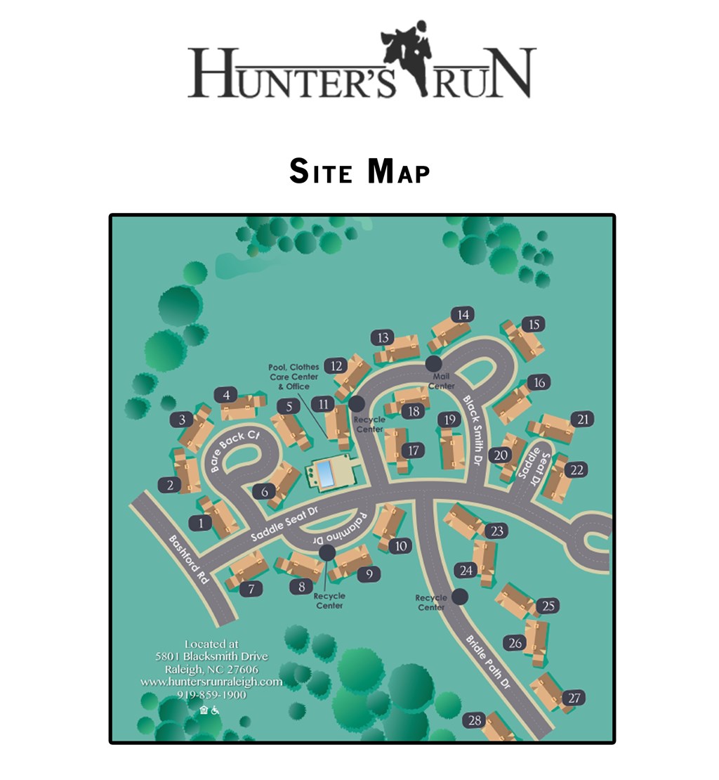 A map of the Hunter's Run site with various buildings and locations labeled.