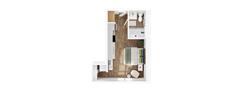 A top-down view of a kitchen with a sink, stove, and refrigerator.
