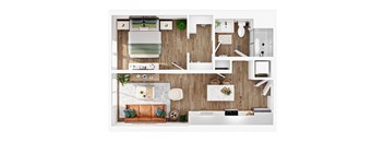 A top-down view of a modern apartment layout with a living room, kitchen, and bathroom.