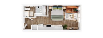 A top-down view of a small apartment with a bed, desk, and kitchenette.