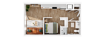 A top-down view of a small apartment with a living room, kitchen, and bathroom.