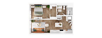 A top-down view of a modern apartment layout with a living room, kitchen, and bathroom.