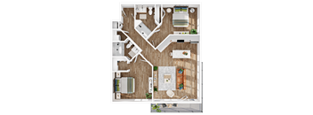 A top-down view of a house layout with a kitchen, living room, and bedrooms.