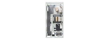 A white and grey dollhouse with a grey wall and a grey floor.