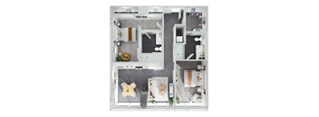 A top down view of a small apartment with a kitchen, living room, and bathroom.