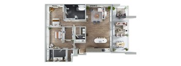 A top-down view of a house layout with a kitchen, living room, dining area, and bathroom.