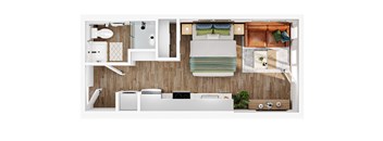 A top-down view of a small apartment with a bed, a desk, and a kitchenette.