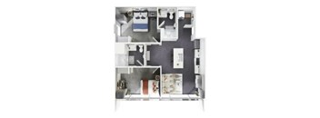 A floor plan of a small apartment with a kitchen, living room, and two bedrooms.