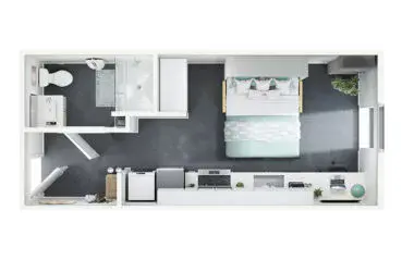 A top-down view of a kitchen with white cabinets and appliances.