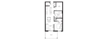 A floor plan of a house with labeled rooms such as a kitchen, living room, and bathroom.