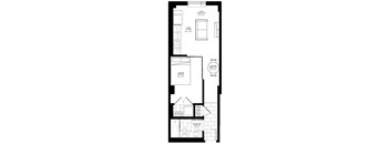 A floor plan of a house with a living room, dining area, kitchen, and two bedrooms.