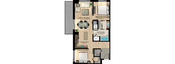 A floor plan of an apartment with a living room, kitchen, and two bedrooms.