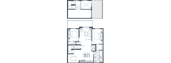 A floor plan of a house with a kitchen, living room, and two bedrooms.