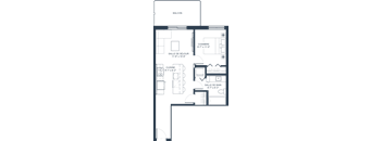 A floor plan of a house with a balcony, kitchen, and two bathrooms.