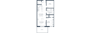 A floor plan of a house with a bureau, kitchen, bathroom, bedroom, and balcony.