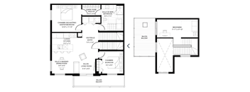 A floor plan of a house with two bedrooms, a living room, a kitchen, and a dining room.
