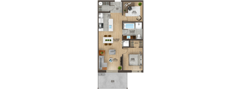 A floor plan of a house with a living room, dining room, kitchen, and bathrooms.