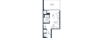 A floor plan of a house with a private terrace, bedroom, bathroom, dining room, kitchen, and entry way.