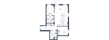 A floor plan of a house with a living room, two bedrooms, a bathroom, and a kitchen.