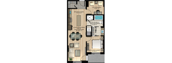 A floor plan of an apartment with a living room, dining room, kitchen, and bedrooms.