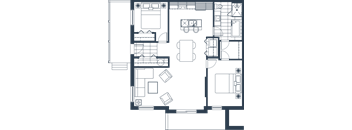 A floor plan of a house with a kitchen, living room, and two bedrooms.