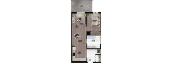 A floor plan of a house with a living room, dining room, kitchen, and bathrooms.