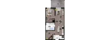 A floor plan of a house with a living room, dining room, kitchen, and bathrooms.