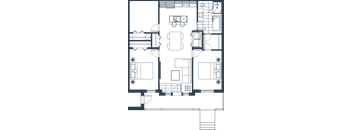 A floor plan of a house with a kitchen, living room, and two bedrooms.