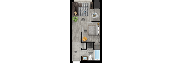 A floor plan of a home with a living room, bathroom, and kitchen.