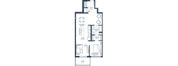 A floor plan of a house with a living room, dining room, kitchen, and two bedrooms.