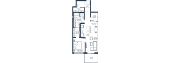 A floor plan of a house with a garage, living room, and kitchen.