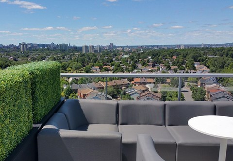 A grey couch with a white table in front of a green hedge and a cityscape in the background.