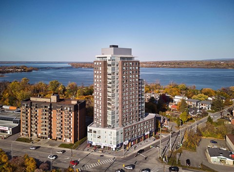 Aerial view of modern high rise building at 929 Richmond Apartments, Ontario, K2B 6R1