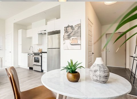 A modern kitchen with a white table and a plant on it.