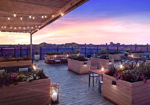 A rooftop garden with wooden planters and tables under a twilight sky.