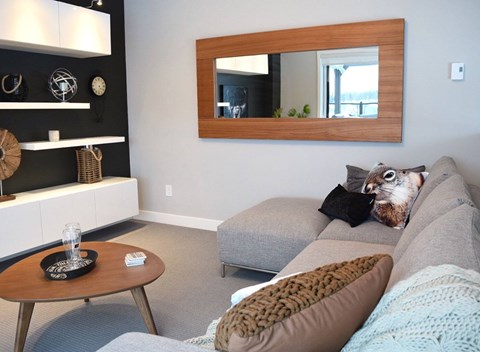A living room with a grey couch, a brown pillow, a wooden coffee table and a mirror on the wall.