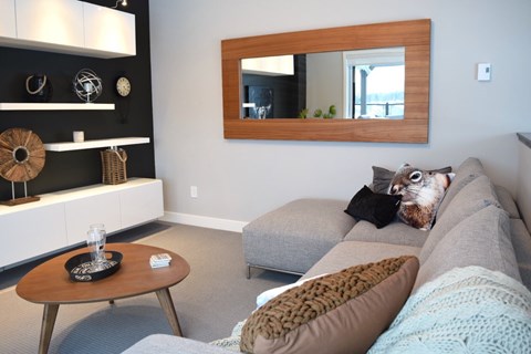 A living room with a grey couch, a coffee table, and a mirror on the wall.