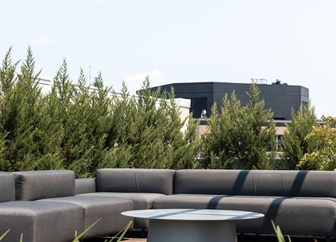 A grey couch with a white table in front of a building and green trees.